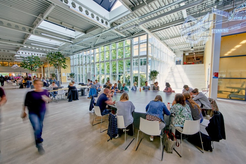 Studierende sitzen in Gruppen oder alleine an Tischen in einem hellen modernen Hochschulkomplex, im Hintergrund sind zwei Bäume zu sehen die ah an den Tischen im Gebäude wachsen.