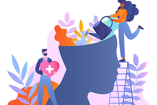 Psychische Gesundheit in der Arbeitswelt
In einem Gefäß in der Form eines Kopfes befinden sich Blumen, die gegossen werden.